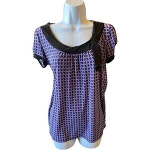 Purple Geometric Print Short-Sleeve Top With Black Accents & Bow Detail Womens M